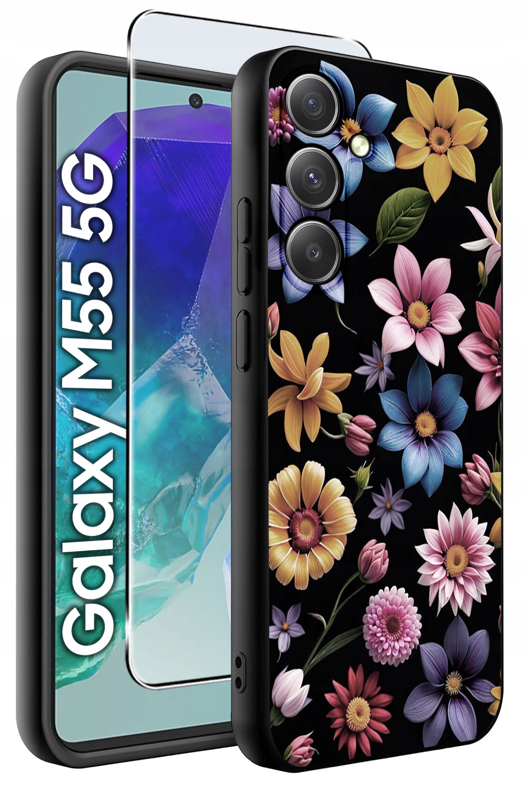 Obraz przedstawia etui na telefon z kolorowym wzorem kwiatowym oraz szkło ochronne. Obok widoczny jest telefon z napisem \'Galaxy M55 5G\'.