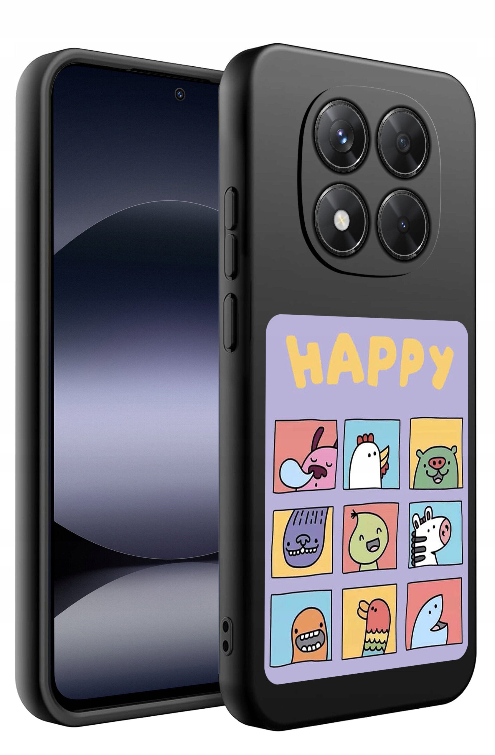 Czarne silikonowe etui na telefon z kolorowym wzorem przedstawiającym dziewięć rysunkowych postaci zwierząt oraz napis \'HAPPY\'.
