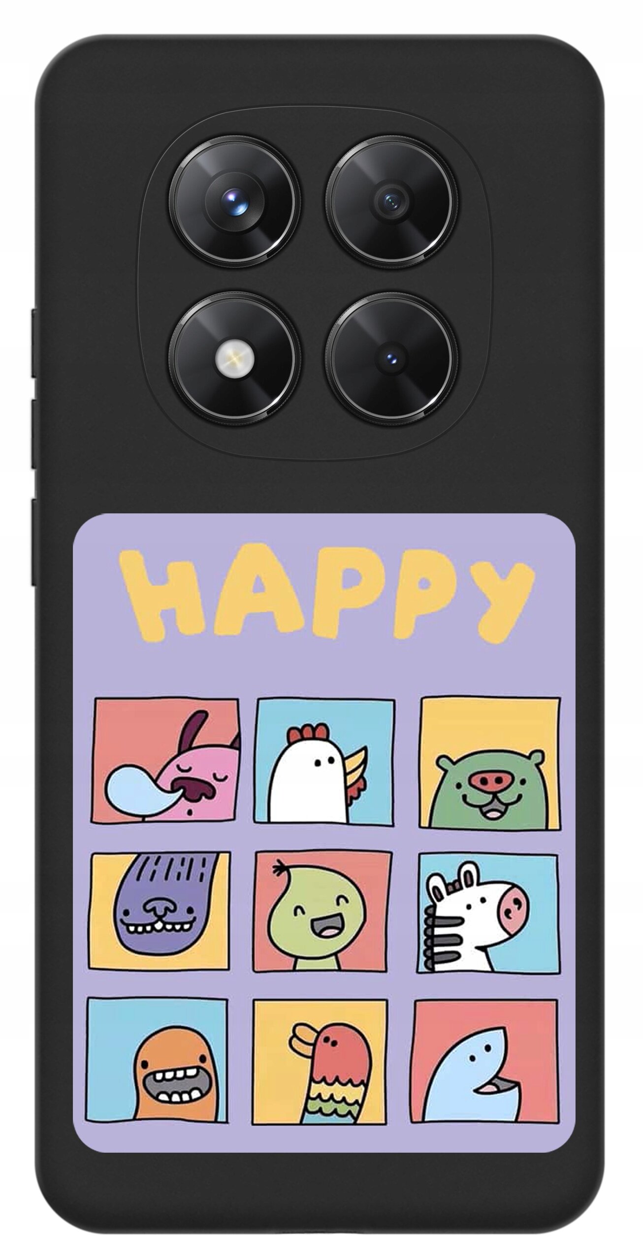 Czarne etui na telefon z czterema okrągłymi wycięciami na aparaty fotograficzne. Na tylnej części znajduje się kolorowy wzór z dziewięcioma kwadratami przedstawiającymi różne postacie oraz napis \'HAPPY\'.