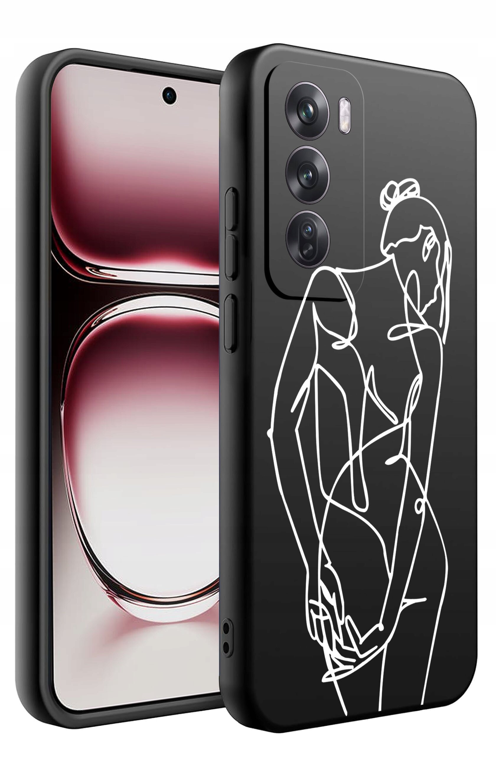 Czarne silikonowe etui na telefon z białym, abstrakcyjnym wzorem przedstawiającym sylwetkę osoby. Obok etui widoczny jest telefon z wyświetlaczem o gradientowym tle w odcieniach czerwieni i czerni.