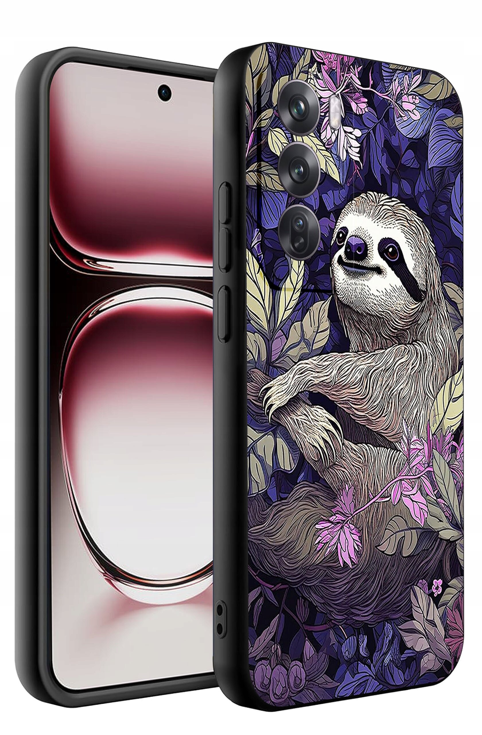 Etui na telefon z kolorowym wzorem przedstawiającym leniwca otoczonego liśćmi i kwiatami. Obok widoczny jest telefon z wyświetlaczem o gradientowym tle.