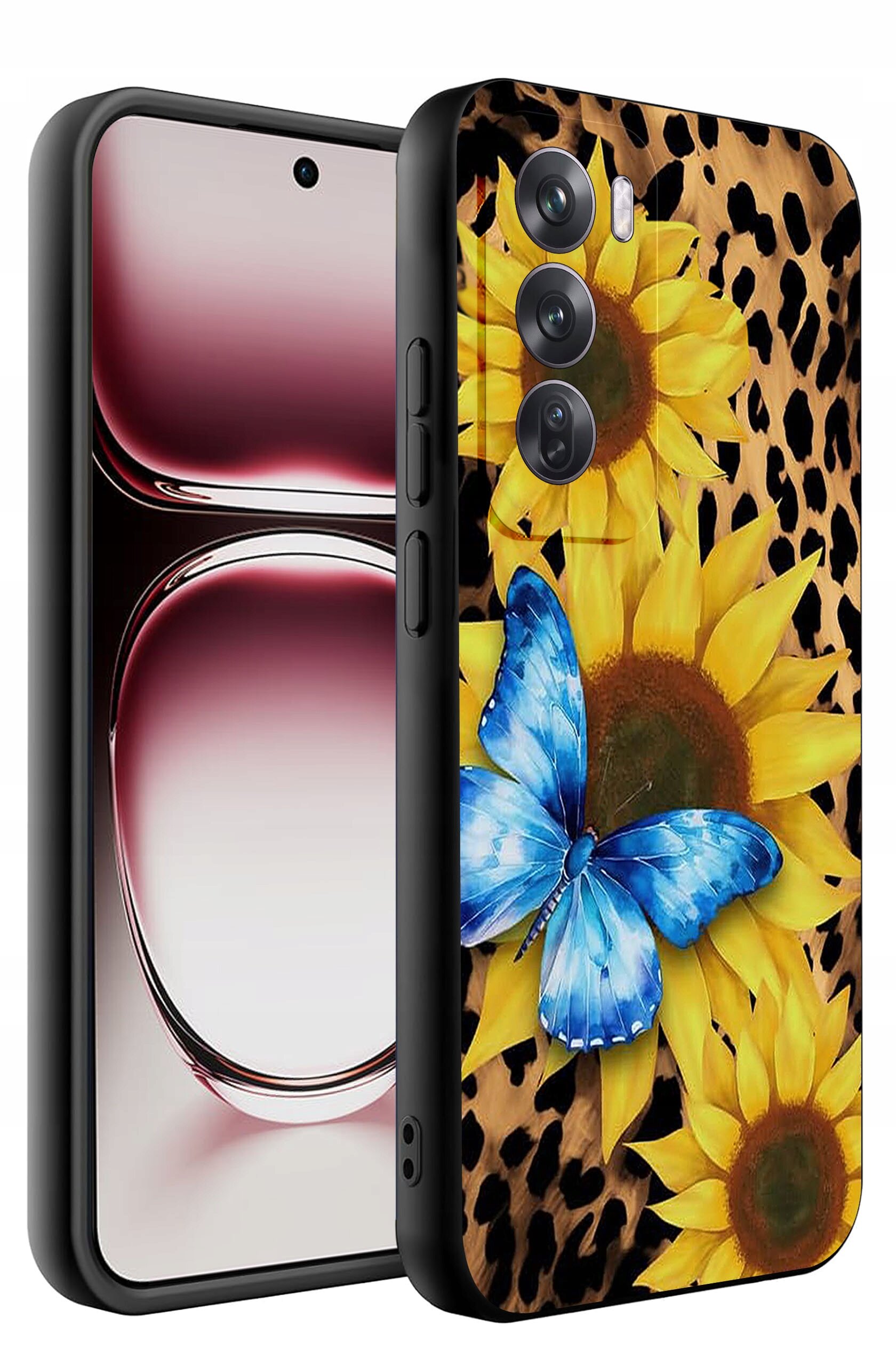 Etui na telefon z motywem słoneczników i niebieskiego motyla na tle w cętki. Etui jest silikonowe i matowe, przeznaczone do Oppo Reno 12 5G.
