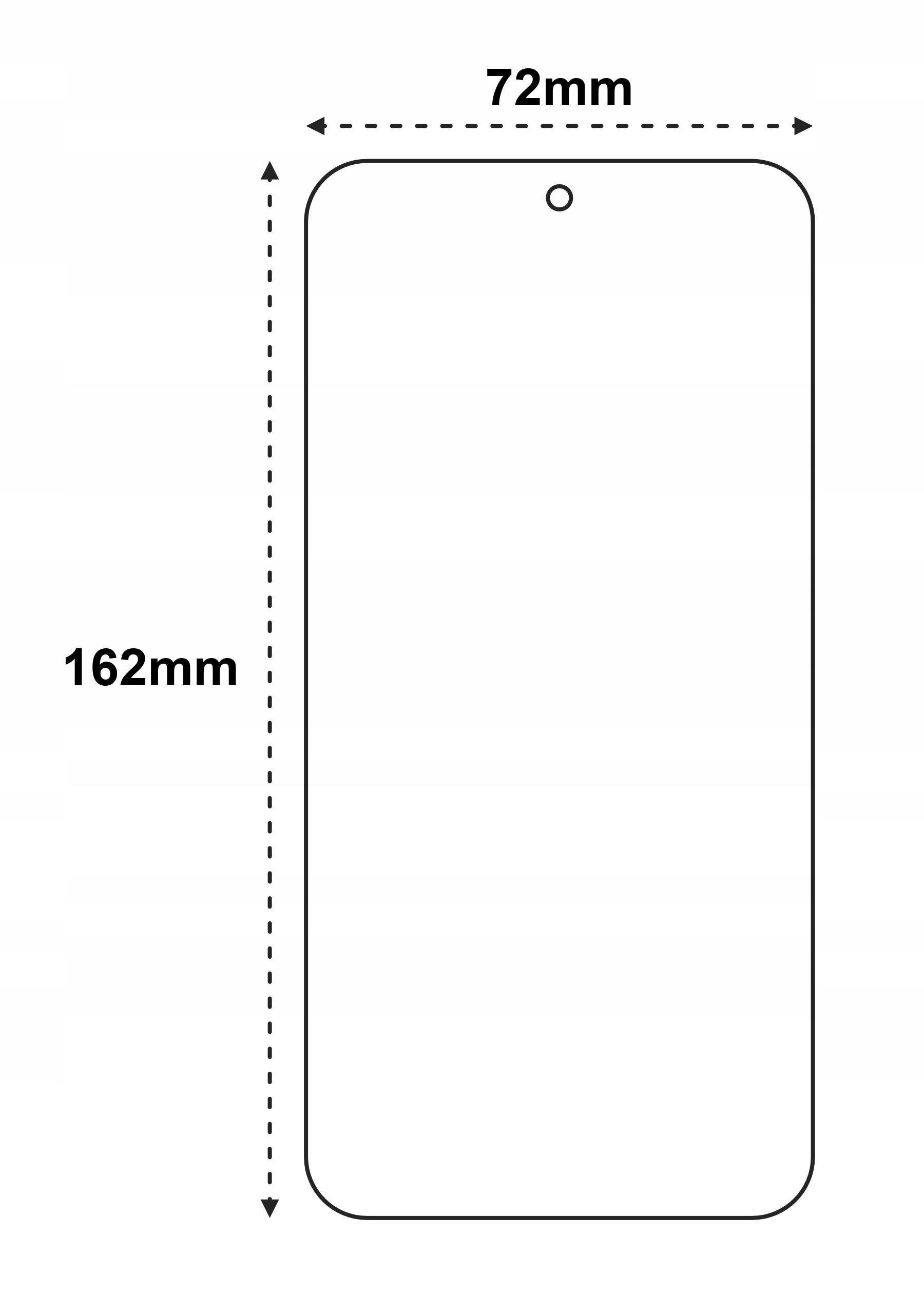 Obraz przedstawia kontur prostokątnego ekranu z zaokrąglonymi rogami i wycięciem na górze. Wymiary to 66mm szerokości i 143mm wysokości.
