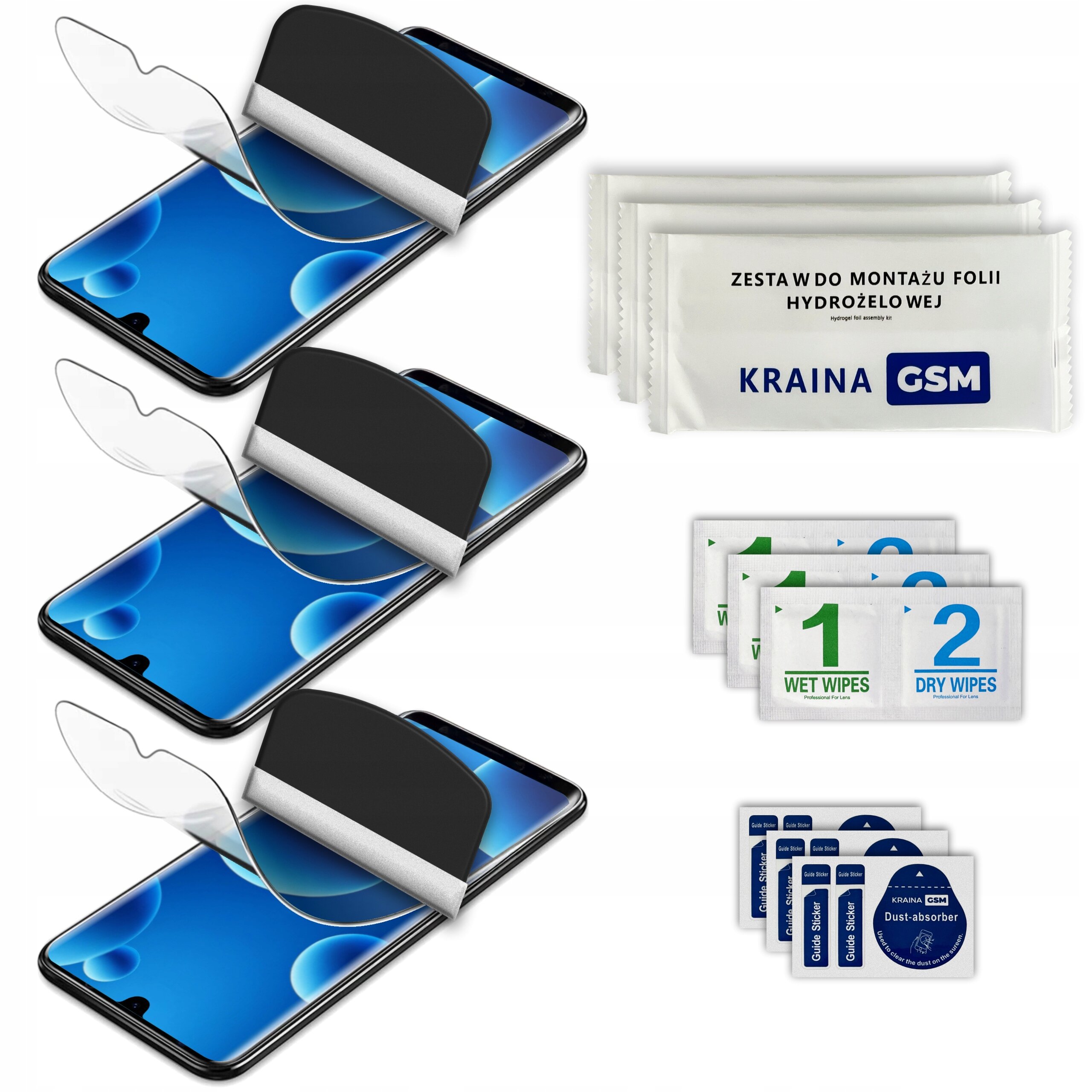 Na obrazie widoczne są trzy folie ochronne na smartfony, zestaw do montażu folii hydrożelowej z napisem \'ZESTAW DO MONTAŻU FOLII HYDROŻELOWEJ KRAINA GSM\', oraz zestawy chusteczek \'WET WIPES\' i \'DRY WIPES\'.