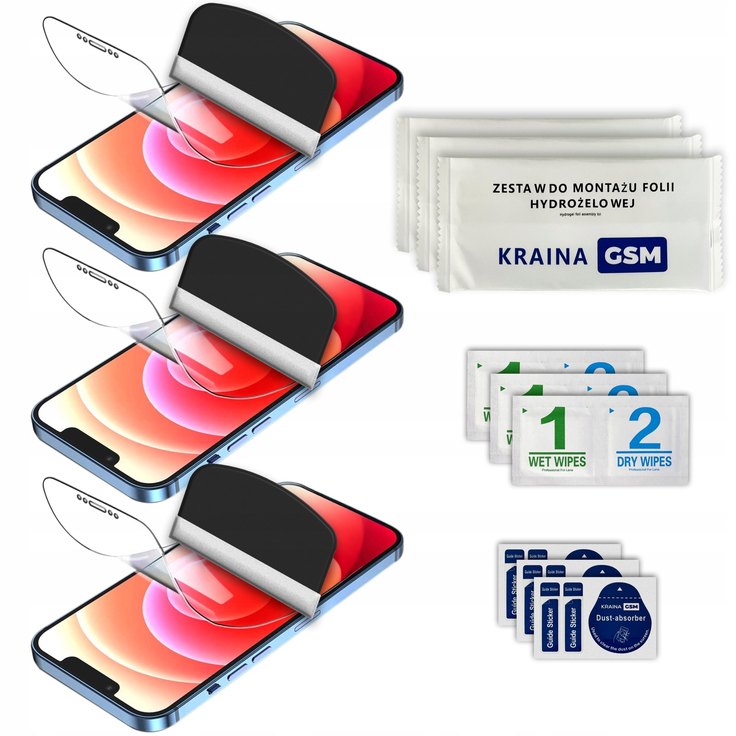 Na obrazie widoczne są trzy folie ochronne na ekran smartfona, zestaw do montażu folii hydrożelowej z logo Kraina GSM oraz zestawy chusteczek czyszczących oznaczone jako \'1 Wet Wipes\' i \'2 Dry Wipes\'.
