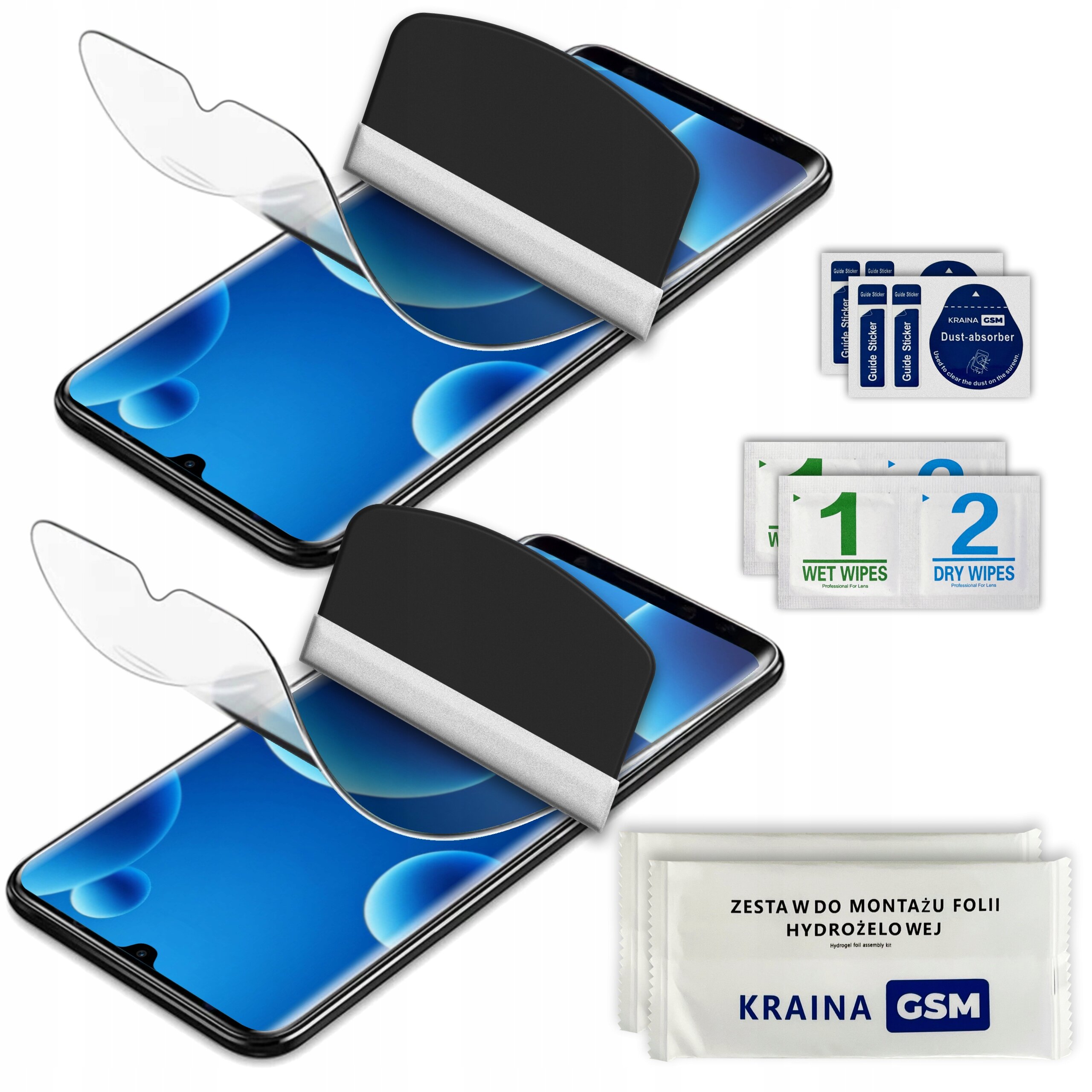 Na obrazie widoczne są dwie folie ochronne na ekran smartfona, zestaw do montażu oraz ściereczki do czyszczenia. Na opakowaniu widnieje napis \'KRAINA GSM\'.
