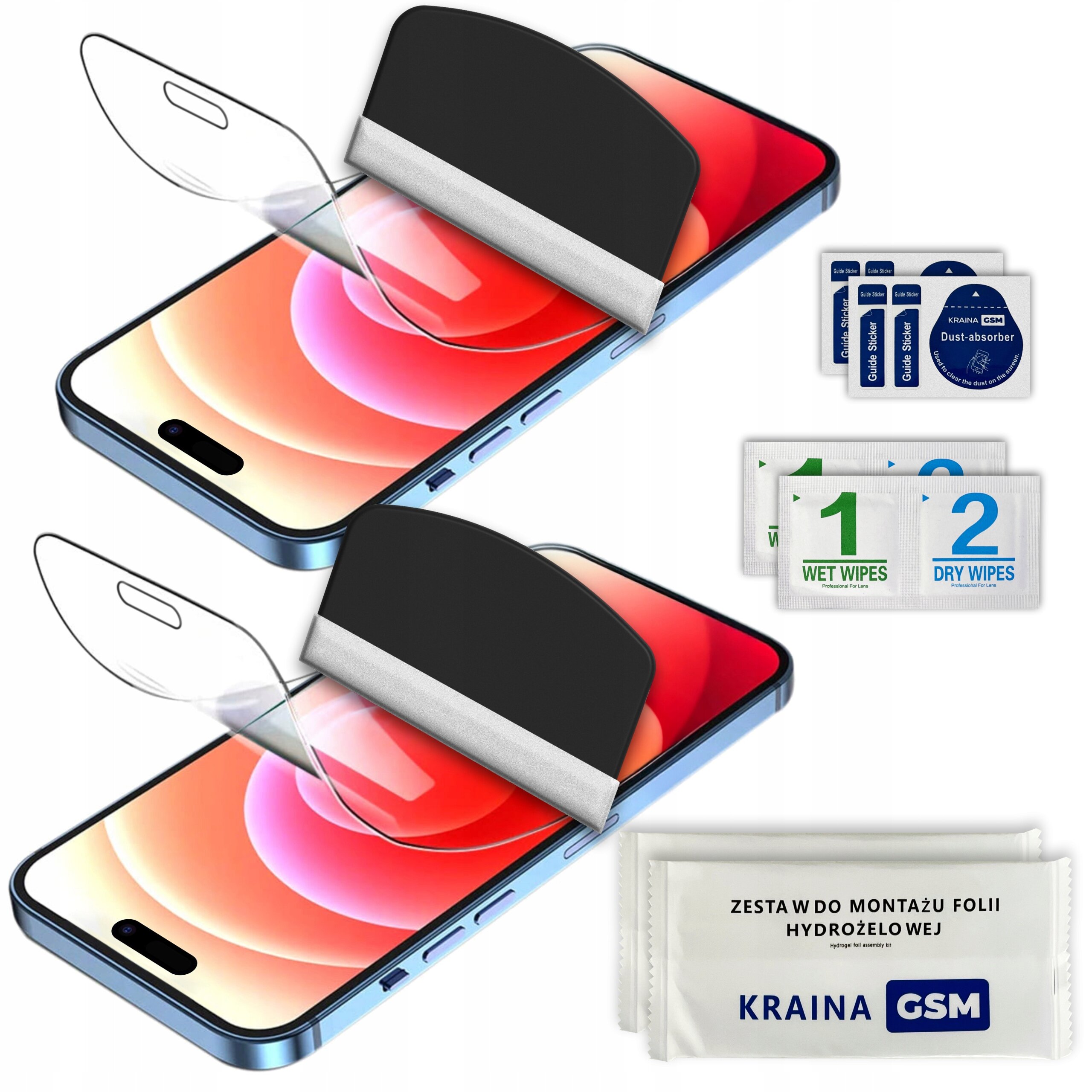 Na obrazie widoczne są dwie folie ochronne na ekran telefonu, zestaw do montażu oraz ściereczki czyszczące oznaczone jako \'1 Wet Wipes\' i \'2 Dry Wipes\'. Widoczny jest również napis \'KRAINA GSM\' na opakowaniu zestawu montażowego.