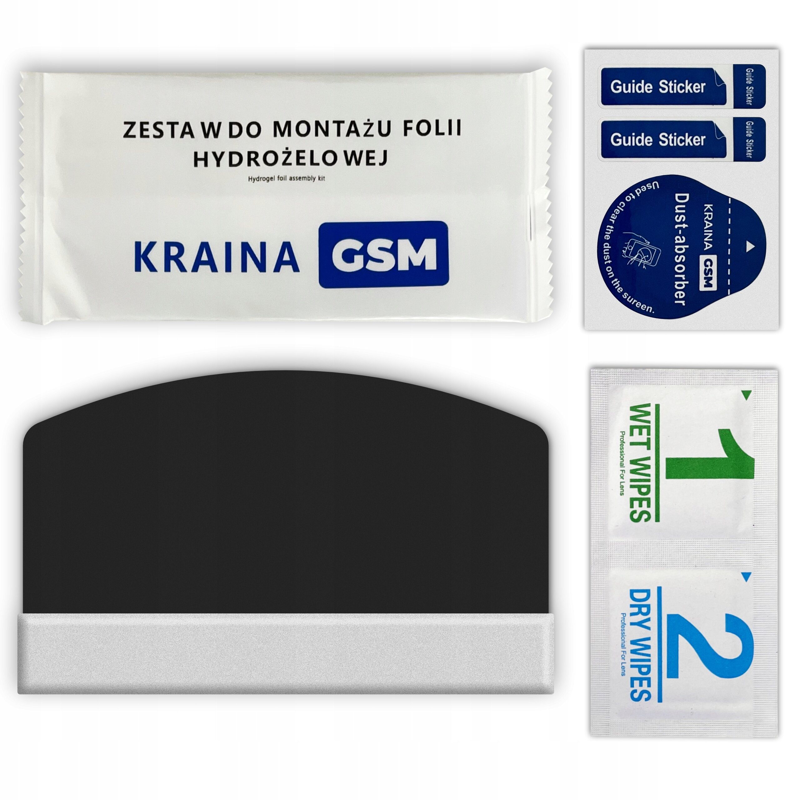Zestaw do montażu folii hydrożelowej Kraina GSM zawiera narzędzia takie jak ściereczki \'Wet Wipes\' i \'Dry Wipes\', naklejki \'Guide Sticker\' oraz \'Dust-absorber\'.