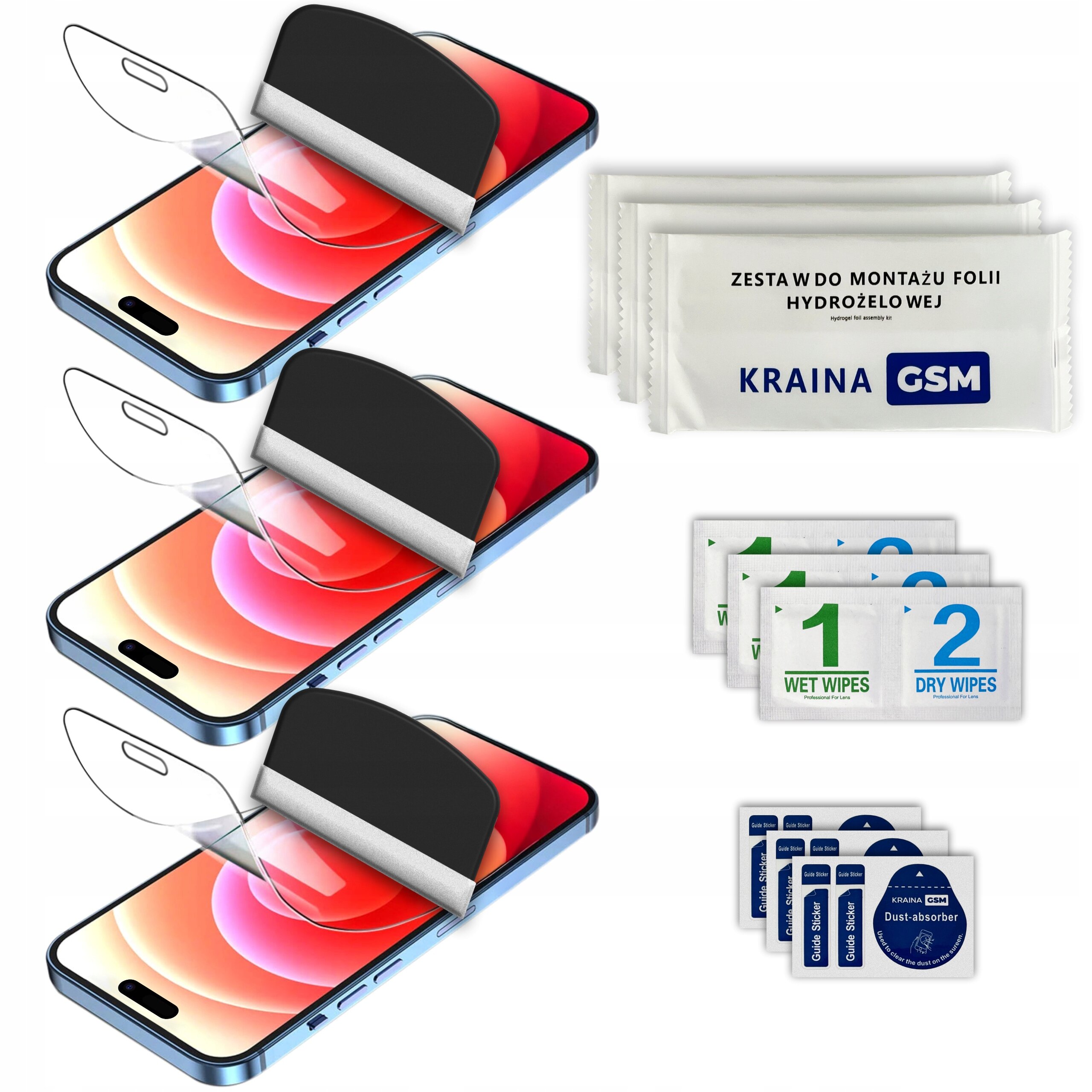 Na obrazie widoczne są trzy folie ochronne na ekran smartfona, zestaw do montażu folii hydrożelowej z logo Kraina GSM oraz zestawy chusteczek czyszczących oznaczone jako \'1 Wet Wipes\' i \'2 Dry Wipes\'.