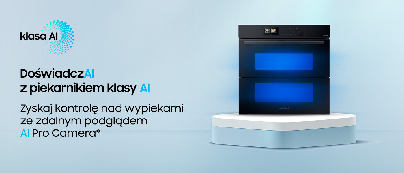 Obraz przedstawia czarny piekarnik z niebieskim podświetleniem na białej platformie. Obok znajduje się tekst: \'Doświadcz AI z piekarnikiem klasy AI Zyskaj kontrolę nad wypiekami ze zdalnym podglądem AI Pro Camera*\'.