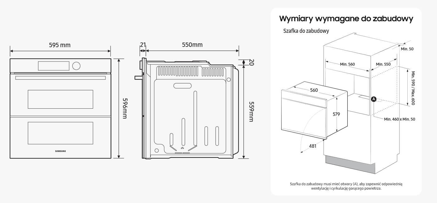nv7b6799jak Schemat przedstawia wymiary piekarnika oraz wymagane wymiary szafki do zabudowy. Piekarnik ma wymiary 595 mm szerokości, 596 mm wysokości i 550 mm głębokości.