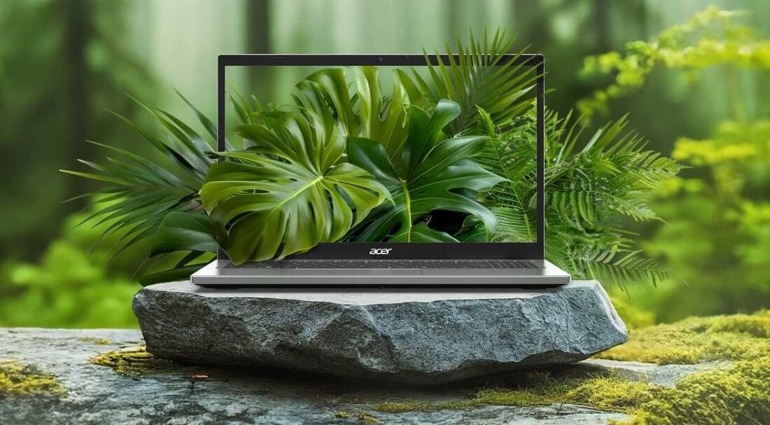 Laptop z logo \'acer\' na ekranie wyświetla obraz zielonych liści. Urządzenie stoi na kamieniu w otoczeniu roślinności.