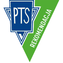 Logo w kształcie trójkąta z niebieskim napisem \'PTS\' na białym tle oraz zielonym napisem \'REKOMENDACJA\' na zielonym tle.