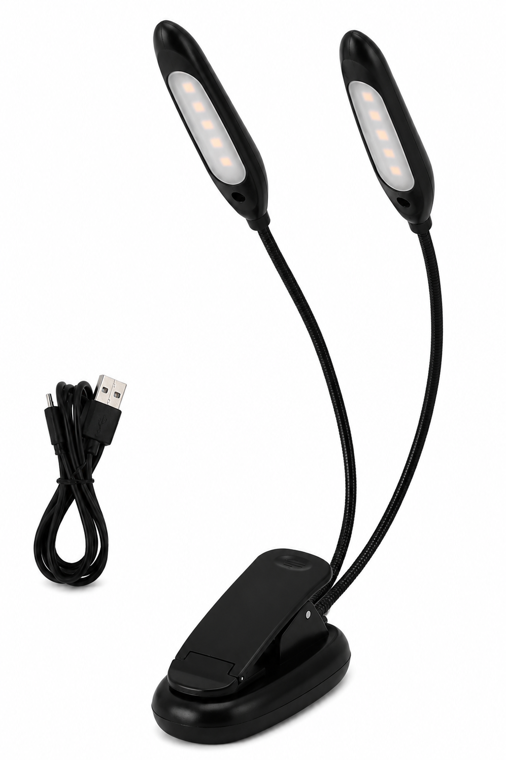 Czarna lampka z klipsem posiada dwa elastyczne ramiona z 14 diodami LED. Obok znajduje się czarny kabel USB.