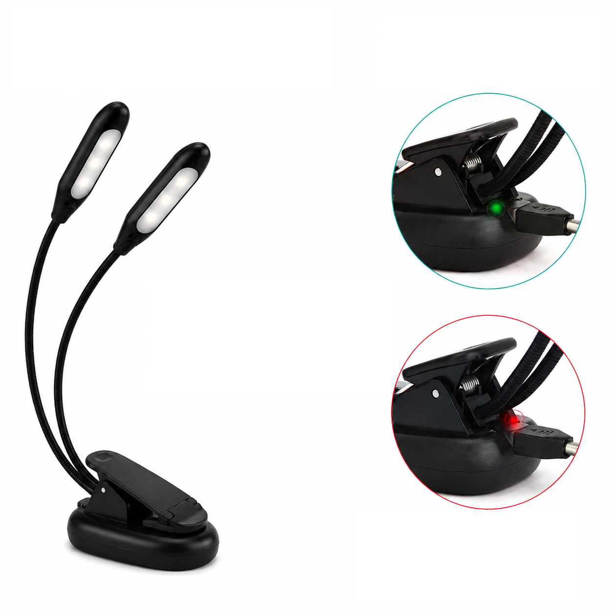 Czarna lampka z klipsem posiada dwa elastyczne ramiona z diodami LED. Obok widoczne są dwa zbliżenia klipsa z podłączonym kablem USB, jedno z zieloną, a drugie z czerwoną diodą.