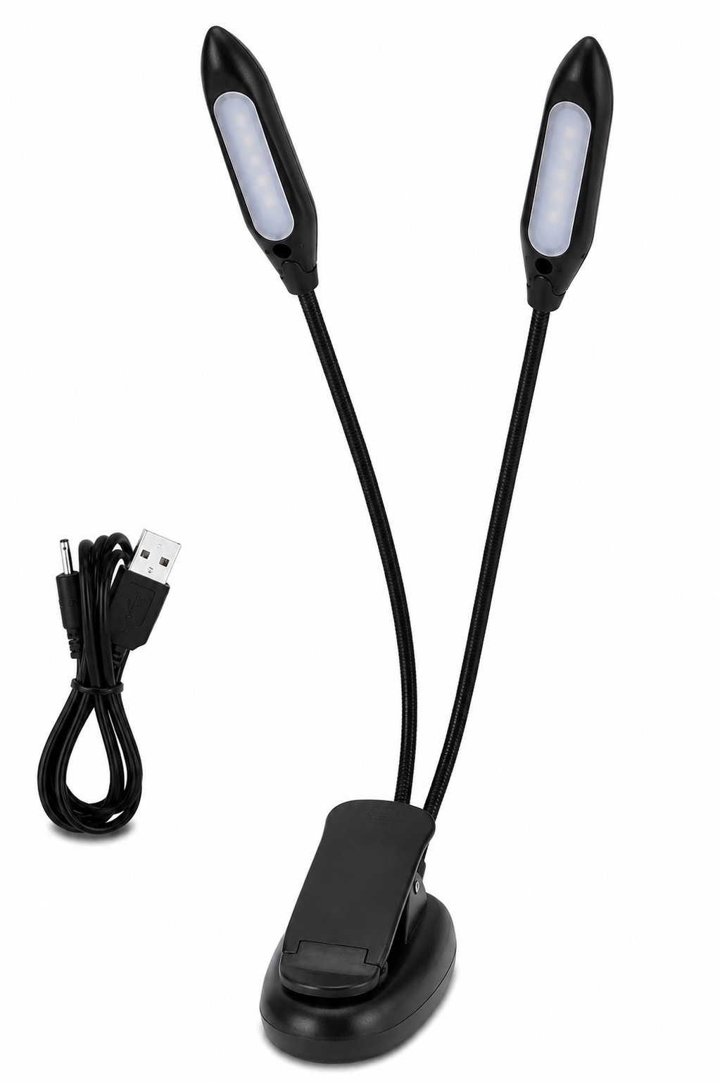 Czarna lampka z klipsem posiada dwa elastyczne ramiona z białymi panelami LED. Obok znajduje się czarny kabel USB do ładowania.
