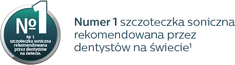 Obraz przedstawia okrągły emblemat z napisem \'Nr 1 szczoteczka soniczna rekomendowana przez dentystów na świecie\' oraz tekst obok: \'Numer 1 szczoteczka soniczna rekomendowana przez dentystów na świecie¹\'.