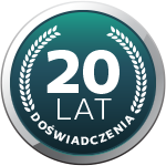 Okrągła ikona z napisem \'20 LAT DOŚWIADCZENIA\' otoczona wieńcem laurowym.