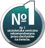 Okrągły emblemat z napisem: \'Nr 1 szczoteczka soniczna rekomendowana przez dentystów na świecie\'.