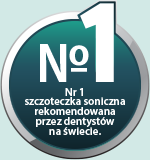Okrągła ikona z napisem: \'Nr 1 szczoteczka soniczna rekomendowana przez dentystów na świecie.\'