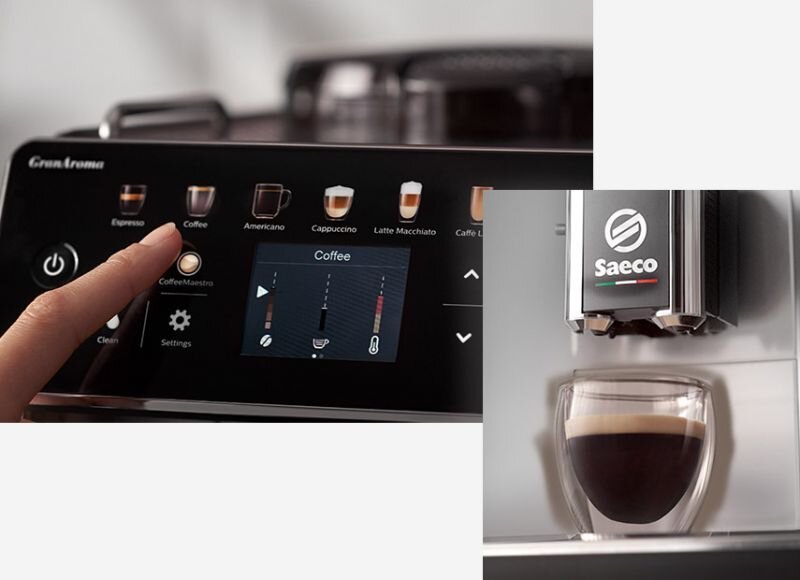 Panel dotykowy ekspresu do kawy z ikonami różnych napojów, takich jak Espresso, Coffee, Americano, Cappuccino, Latte Macchiato, oraz wyświetlonym tekstem \'Coffee\'. Obok widoczny jest kubek z kawą pod dyszą z logo \'Saeco\'.