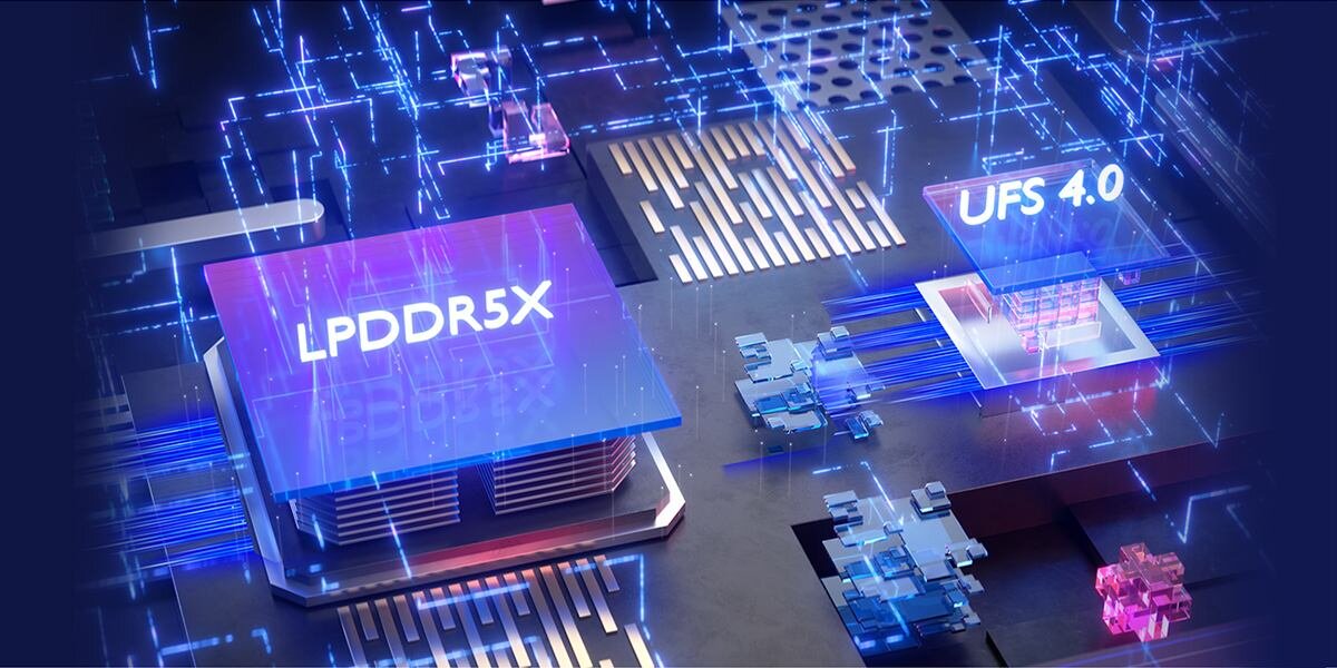 Obraz przedstawia schematyczne układy scalone z oznaczeniami \'LPDDR5X\' i \'UFS 4.0\', otoczone niebieskimi liniami symbolizującymi połączenia elektroniczne.