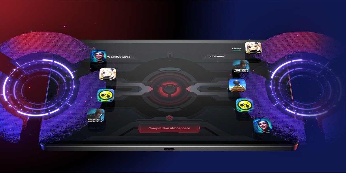Obraz przedstawia tablet z wyświetlaczem, na którym widoczne są ikony gier oraz teksty \'Recently Played\', \'All Games\', \'Library\' i \'Competition atmosphere\'. Po bokach ekranu znajdują się kolorowe, futurystyczne wzory przypominające kręgi.