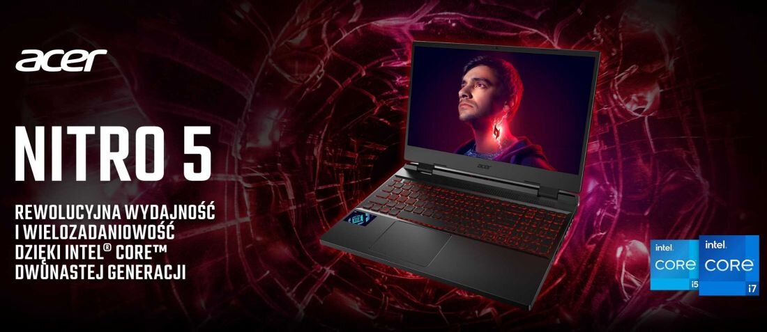 Obraz przedstawia laptop Acer Nitro 5 z podświetlaną klawiaturą na tle czerwonego wzoru. Widoczny jest tekst: \'Rewolucyjna wydajność i wielozadaniowość dzięki Intel Core dwunastej generacji\'.