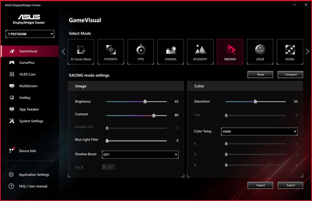Interfejs ASUS DisplayWidget Center z wybranym trybem \'RACING\' w sekcji GameVisual. Ustawienia obrazu obejmują jasność 65, kontrast 80, a temperatura kolorów to 4000K.