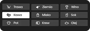 Obraz przedstawia dziewięć przycisków z ikonami i tekstem: Trawa, Ziemia, Wino, Kawa, Mleko, Sok, Pot, Krew, Olej. Przycisk \'Kawa\' jest wyróżniony.