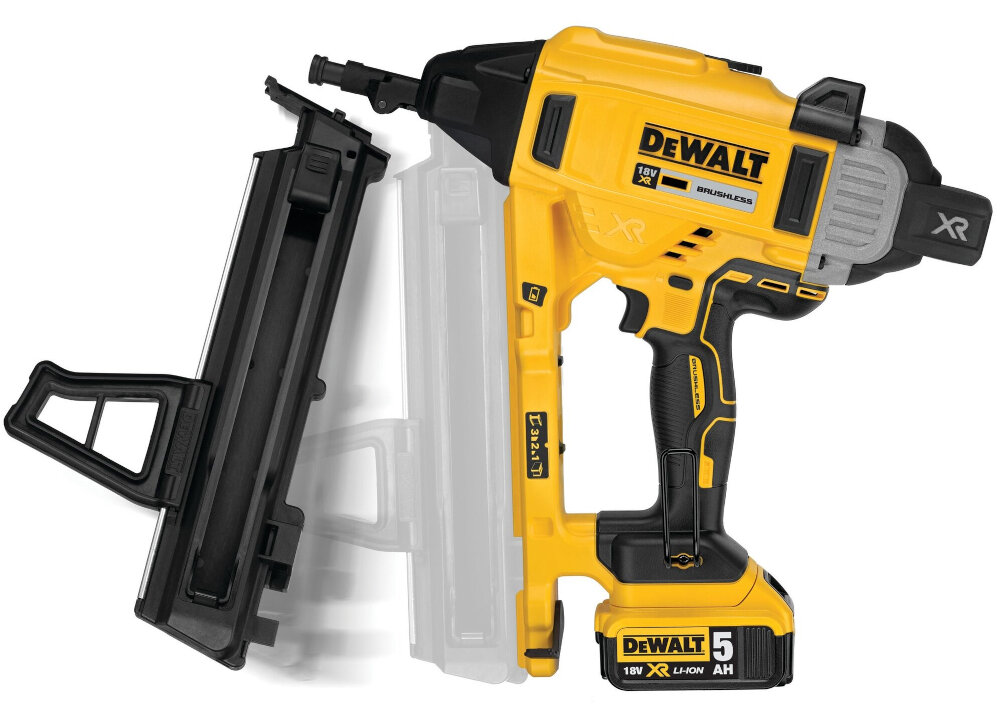 Na obrazie widoczna jest żółta gwoździarka akumulatorowa z czarnymi elementami, z logo \'DEWALT\' oraz oznaczeniami \'18V XR BRUSHLESS\' i \'5 AH\'. Obok znajduje się czarny magazyn na gwoździe.