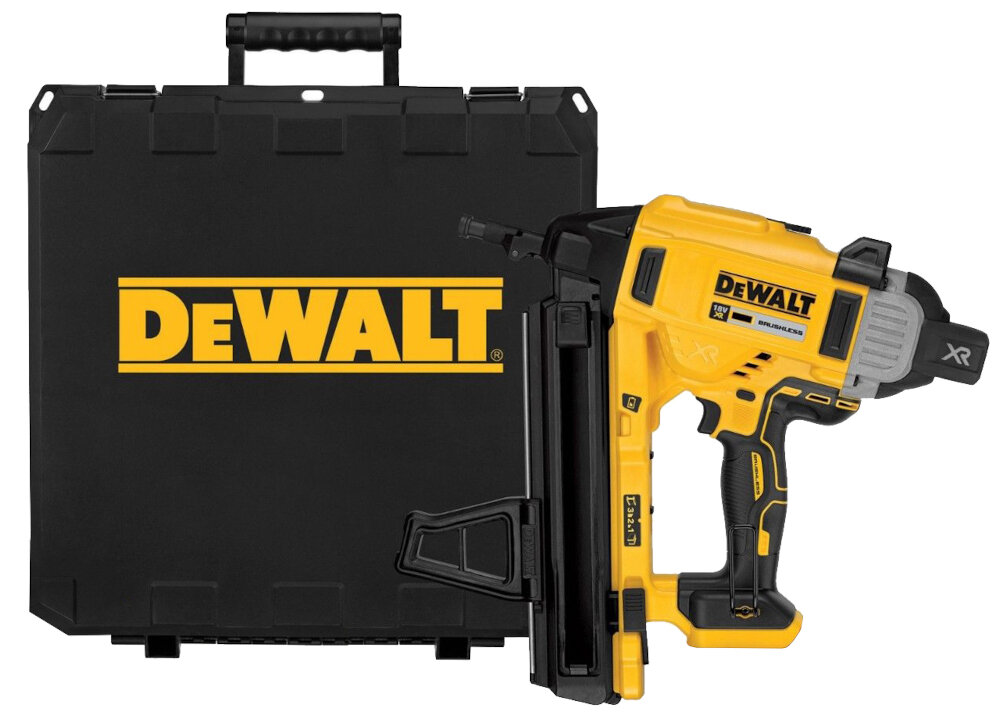 Na obrazie widoczna jest żółta gwoździarka akumulatorowa z czarnymi elementami oraz czarna walizka z logo \'DEWALT\'.