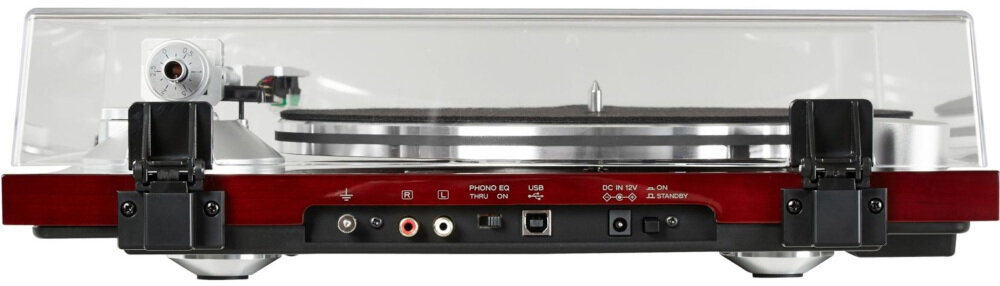 Widok tylnej części gramofonu z przezroczystą pokrywą, z widocznymi złączami i przyciskami. Na obudowie znajdują się napisy: PHONO EQ, USB, DC IN, STANDBY.