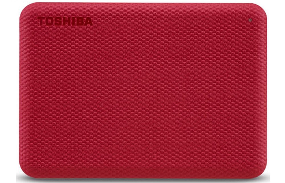 Czerwony dysk zewnętrzny z fakturą w drobne wypukłości, z widocznym logo \'TOSHIBA\' w rogu.