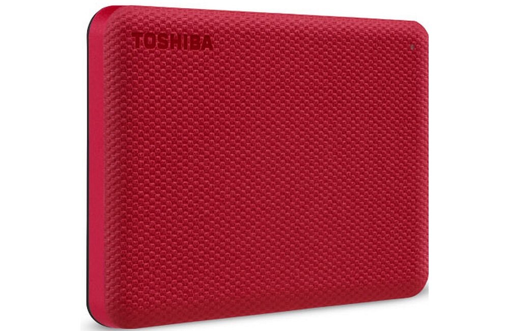 Czerwony dysk zewnętrzny z fakturą w drobne wzory, z widocznym logo \'TOSHIBA\'.