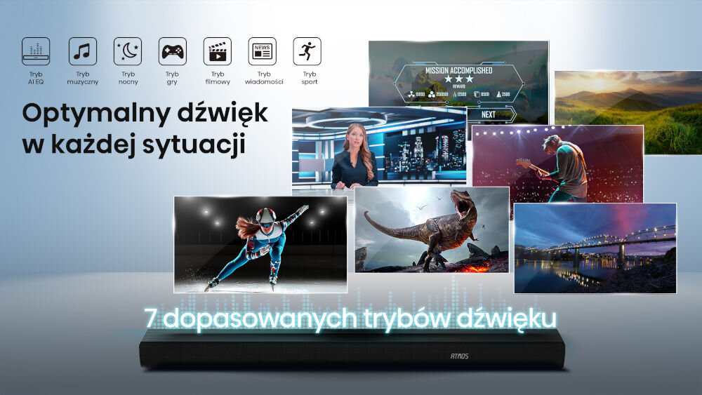 Obraz przedstawia soundbar z napisem \'7 dopasowanych trybów dźwięku\' oraz różne sceny wizualizujące tryby dźwięku, takie jak sport, muzyka i filmy. Widoczny jest również tekst \'Optymalny dźwięk w każdej sytuacji\'.