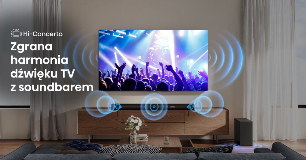 Na obrazie widać salon z telewizorem wyświetlającym koncert oraz soundbar umieszczony pod nim. Po lewej stronie znajduje się tekst: \'Hi-Concert Zgrana harmonia dźwięku TV z soundbarem\'.