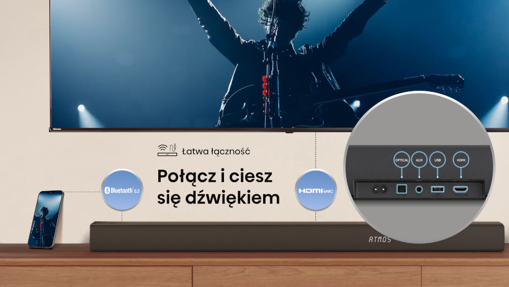 Na obrazie widoczny jest soundbar z napisem \'ATMOS\' oraz ekran z koncertem. Tekst na obrazie: \'łatwa łączność, Połącz i ciesz się dźwiękiem\', z ikonami Bluetooth i HDMI eARC oraz zbliżeniem na porty: optyczny, AUX, USB, HDMI.