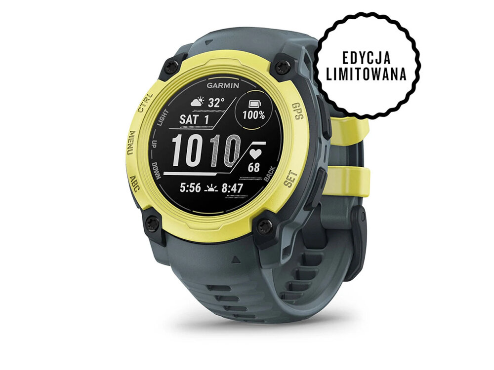 Smartwatch z okrągłym wyświetlaczem, limonkową ramką i szarym paskiem, pokazuje datę, godzinę, pogodę oraz poziom naładowania baterii. Obok zegarka widoczny jest napis \'EDYCJA LIMITOWANA\'.