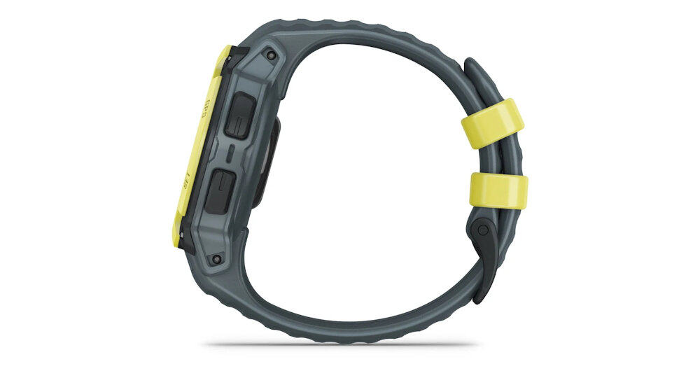 Smartwatch z szarym paskiem i limonkowymi akcentami, widoczny z boku. Posiada kilka przycisków na obudowie.