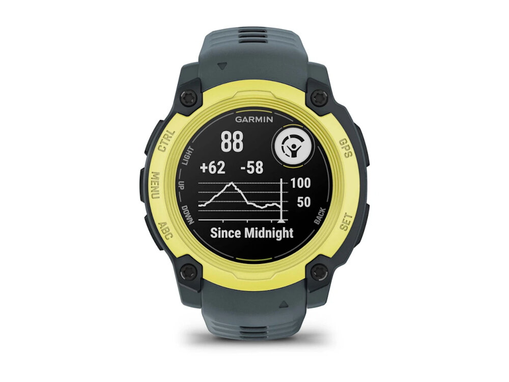 Smartwatch z okrągłym wyświetlaczem, na którym widoczny jest wykres oraz dane: \'88\', \'+62 -58\', \'Since Midnight\'. Obudowa zegarka jest w kolorze limonkowym z szarymi elementami, a na ekranie widnieje logo \'GARMIN\'.
