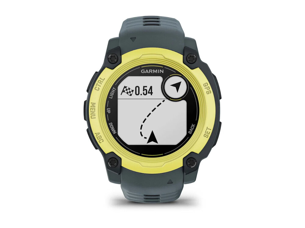 Smartwatch z okrągłym wyświetlaczem, na którym widoczna jest mapa z trasą i wskaźnikiem kierunku. Na obudowie widnieje logo \'GARMIN\'.