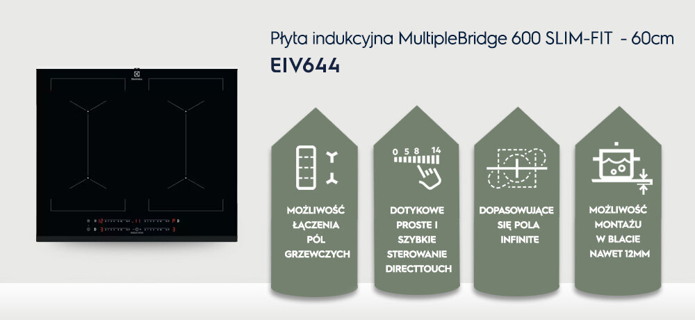 Obraz przedstawia płytę indukcyjną z czterema polami grzewczymi oraz tekst: \'Płyta indukcyjna MultipleBridge 600 SLIM-FIT - 60cm EIV644\'. Obok znajdują się ikony z opisami: \'MOŻLIWOŚĆ ŁĄCZENIA PÓL GRZEWCZYCH\', \'DOTYKOWE PROSTE I SZYBKIE STEROWANIE DIRECTTOUCH\', \'DOPASOWUJĄCE SIĘ POLA INFINITE\', \'MOŻLIWOŚĆ MONTAŻU W BLACIE NAWET 12MM\'.
