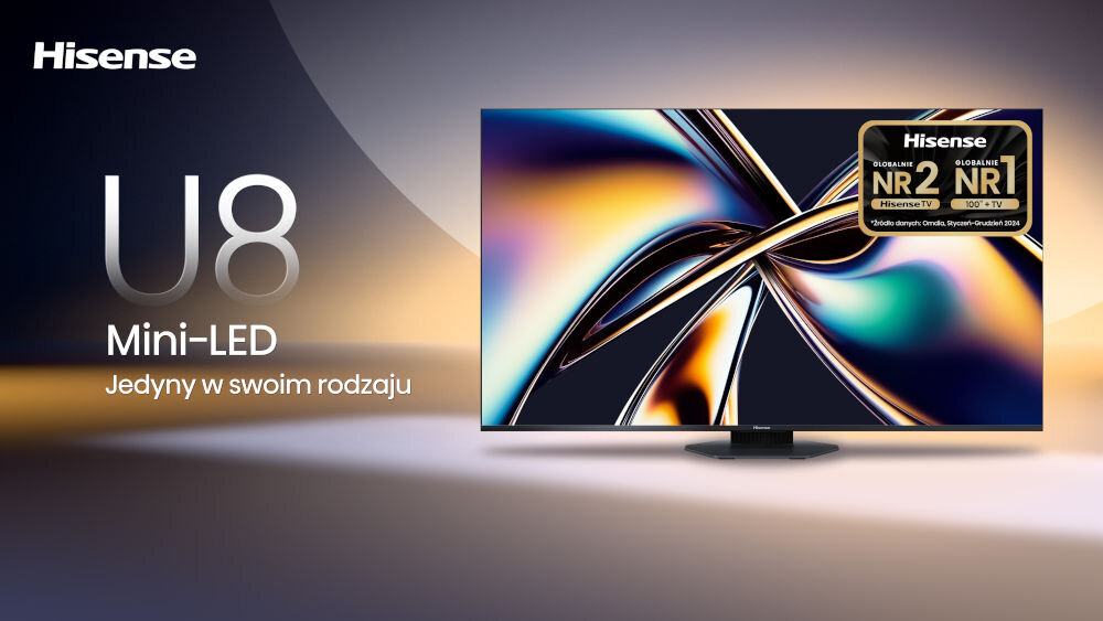 Obraz przedstawia telewizor z kolorowym, abstrakcyjnym wzorem na ekranie. Po lewej stronie widnieje napis: \'Hisense U8 Mini-LED Jedyny w swoim rodzaju\'.