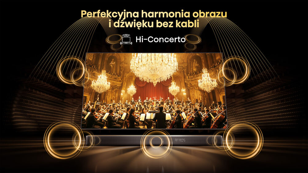 Na obrazie widoczny jest telewizor wyświetlający scenę z orkiestrą w eleganckiej sali z żyrandolami. Na górze znajduje się tekst: \'Perfekcyjna harmonia obrazu i dźwięku bez kabli Hi-Concert\'.