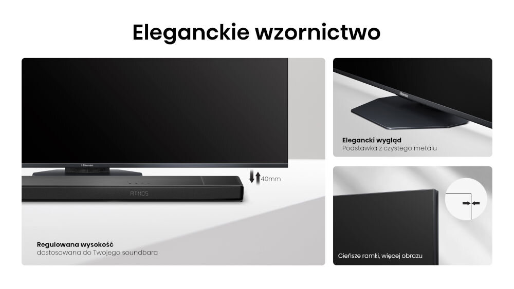 Obraz przedstawia telewizor z napisem \'Eleganckie wzornictwo\'. Widoczne są detale takie jak regulowana wysokość, elegancka metalowa podstawka oraz cienkie ramki.