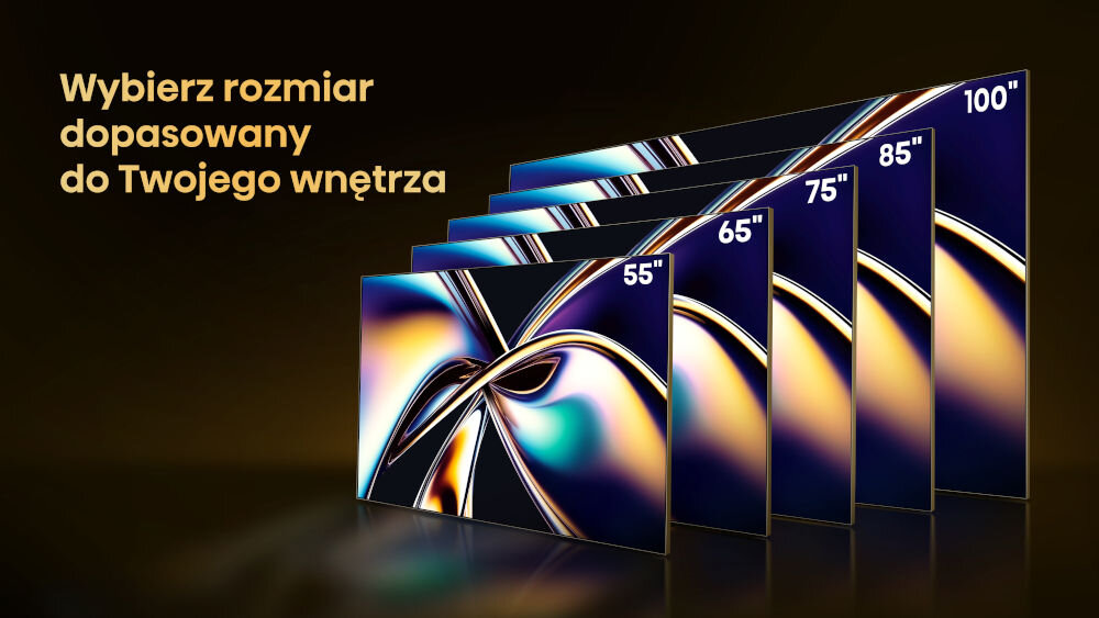 Na obrazie widoczne są ekrany telewizorów w różnych rozmiarach: 55\