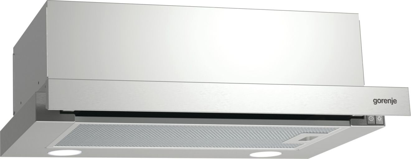Na obrazie widoczny jest stalowy okap kuchenny z logo \'gorenje\' w prawym dolnym rogu. Okap posiada dwa okrągłe światła i prostokątny panel filtracyjny.