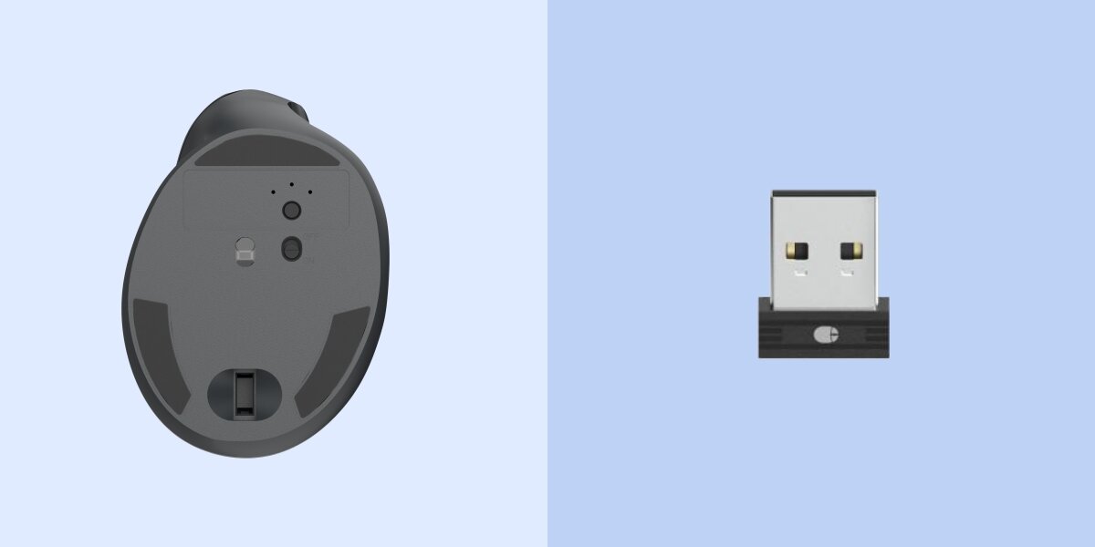 Obraz przedstawia spód czarnej myszy komputerowej z widocznym przyciskiem i czujnikiem oraz osobno leżący odbiornik USB.
