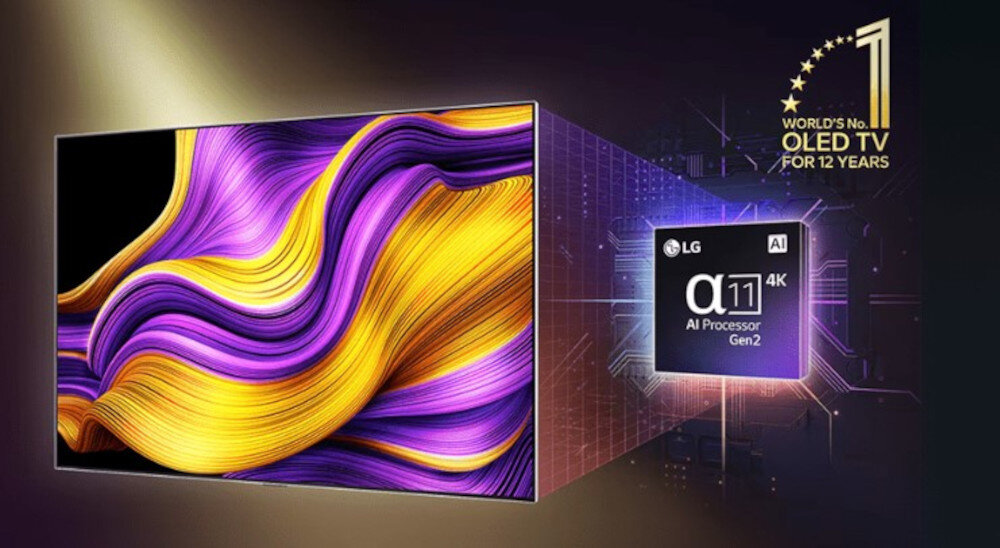 Obraz przedstawia telewizor z wyświetlanym kolorowym wzorem w odcieniach fioletu i żółci. Obok widoczny jest napis \'LG AI Processor α11 4K Gen2\' oraz \'WORLD\'S No.1 OLED TV FOR 12 YEARS\'.
